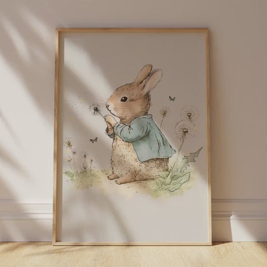 Bunny Rabbit with Dandelion Wall Art, Softness Nursery Art Prints, Watercolor Illustration Cottagecore Printable Decor, Instant Download