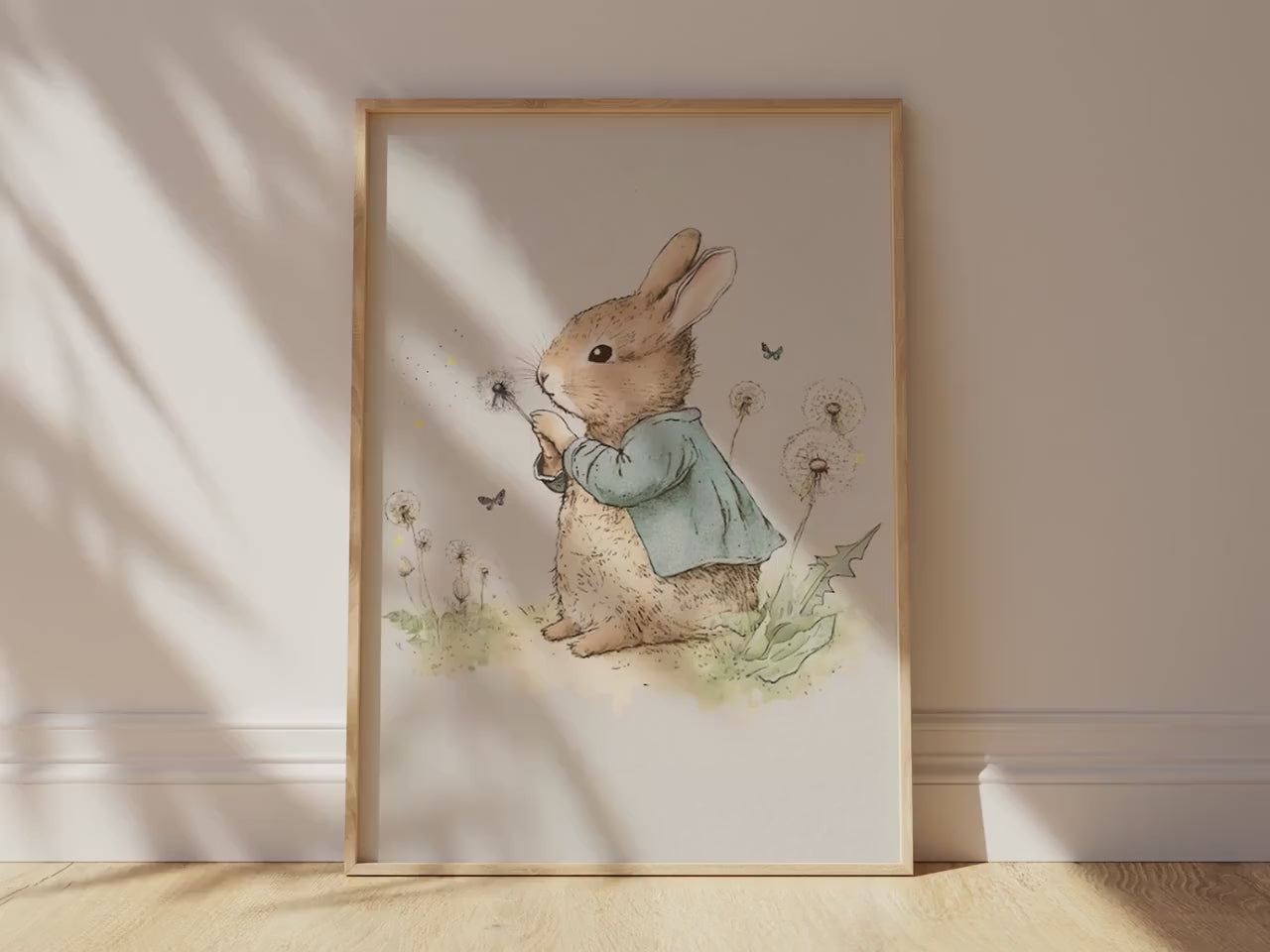 Bunny Rabbit with Dandelion Wall Art, Softness Nursery Art Prints, Watercolor Illustration Cottagecore Printable Decor, Instant Download