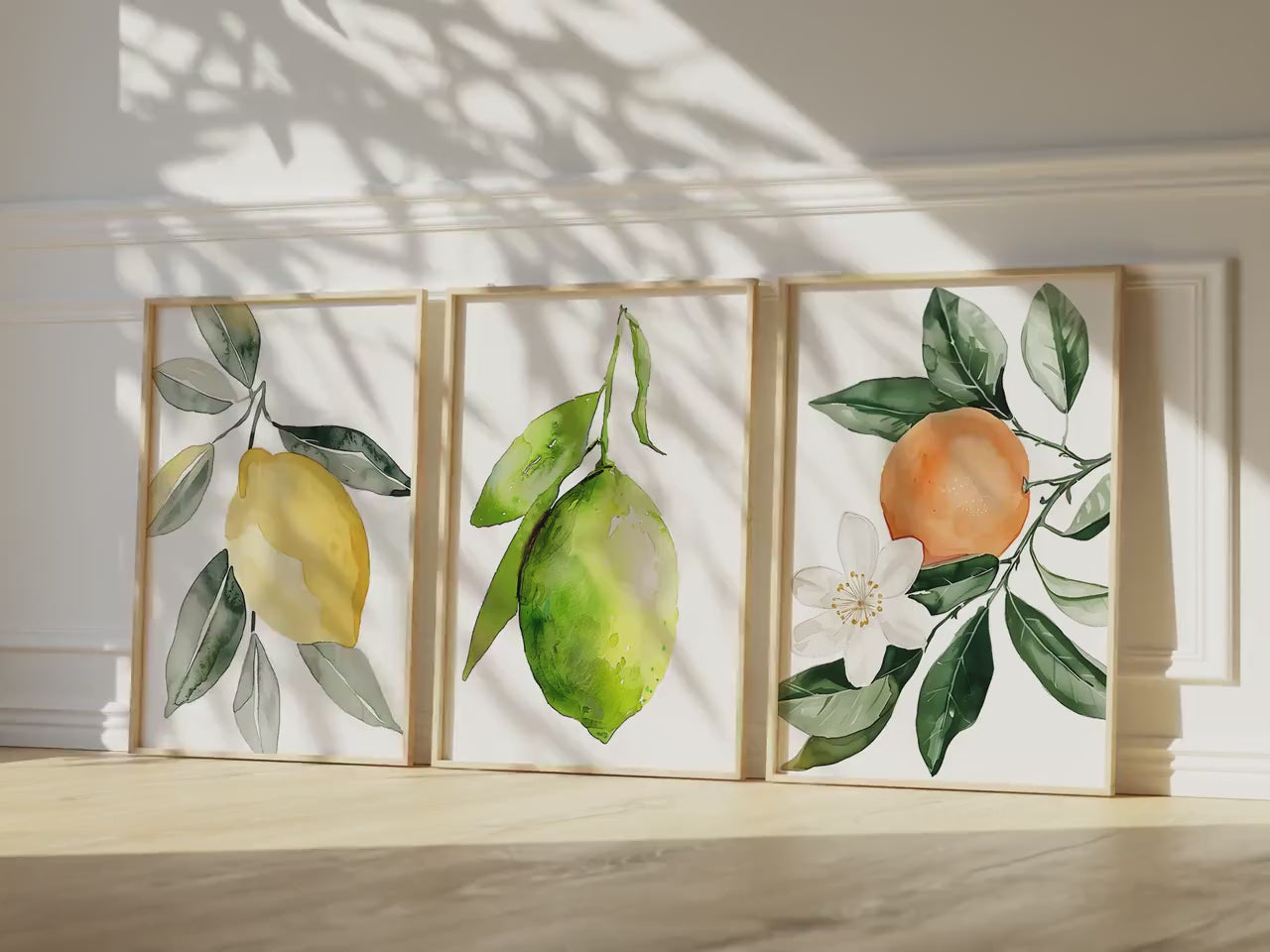 Watercolor Set of 3 Lemon Lime Orange Wall Art Cottagecore Botanical Illustration Print Nature Fruit Art Floral Citrus Food Digital Download