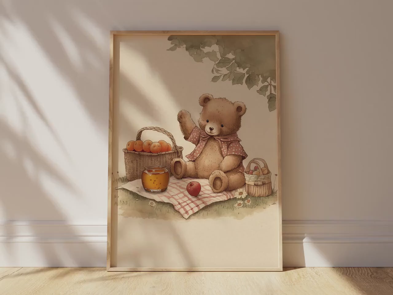 Cute Teddy Bear Picnic Wall Art, Watercolor Illustration Printable, Vintage Cottagecore Digital Print, Whimsical Children Story Art Download