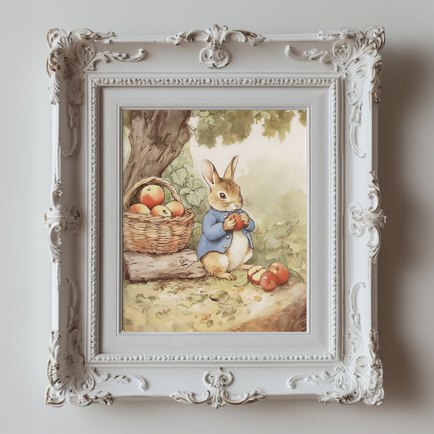 Bunny Rabbit Picking Apples - Printable Digital Art