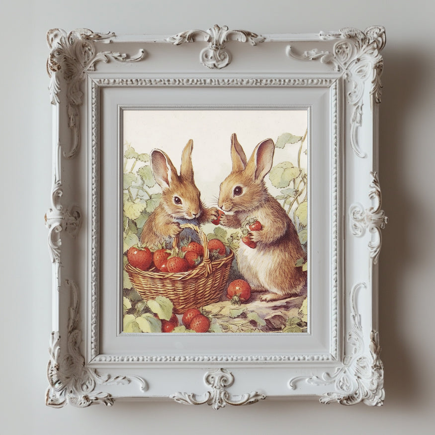 Bunny Rabbits Picking Strawberries - Printable Digital Art