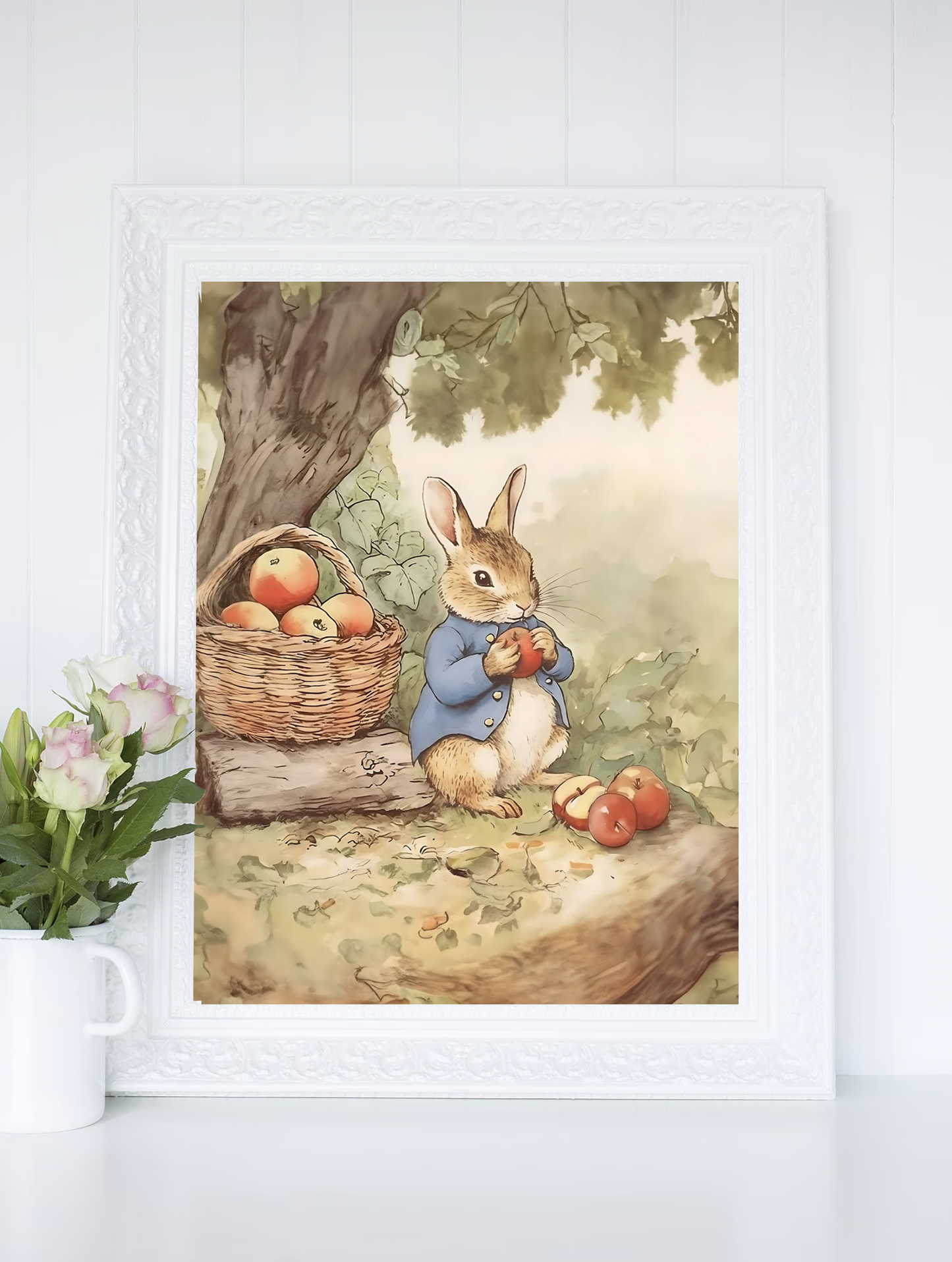 Bunny Rabbit Picking Apples - Printable Digital Art